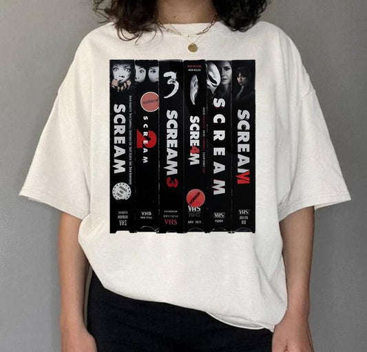 Scream Series VHS Movies Shirt. Horror movie franchise modern movies in vintage style. Top Womenswear Underwear Lady Comfort Round Neck Crewneck Casual