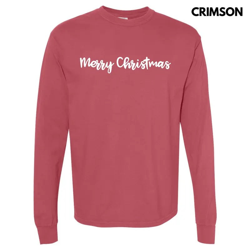 Script Merry Christmas Long Sleeve Comfort Colors T-Shirt 'NLB' Hoodie, Sweatshirt | DripVista.com