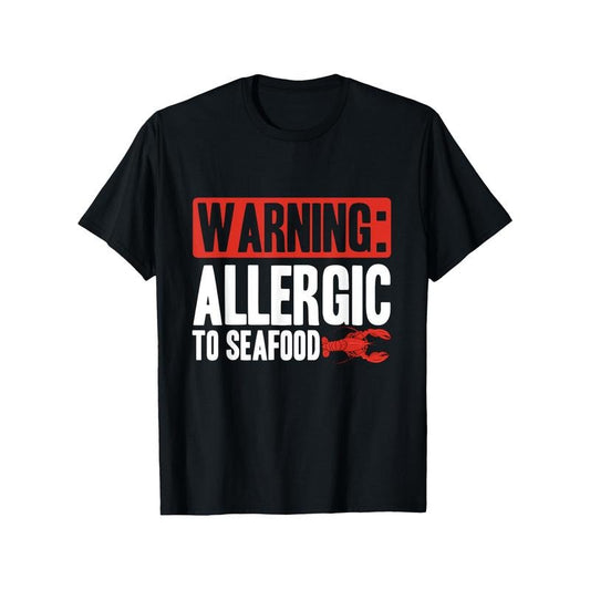 Seafood Allergy Awareness T-Shirt, 100% Cotton Crew Neck, Casual Printed Tee, Short Sleeve, Regular Fit, Slight Stretch, Knit Fabric, Adult Unisex, All-Season - Black Made in USA