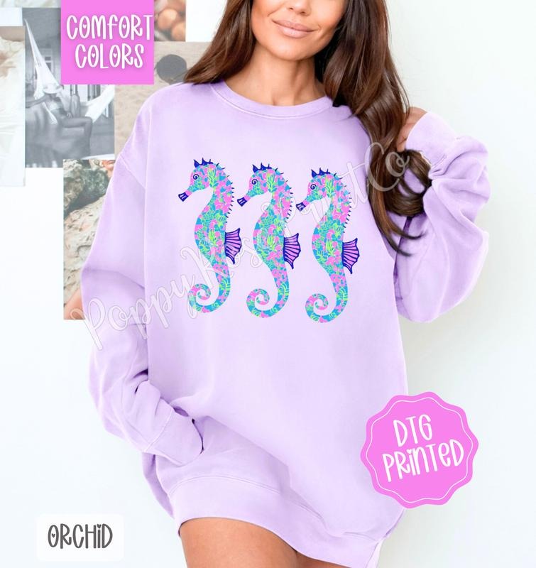 Seahorse Trio Comfort Colors Sweatshirt, Cute Women's Beach Sweater, Trendy Summer Crewneck, Gift for Her