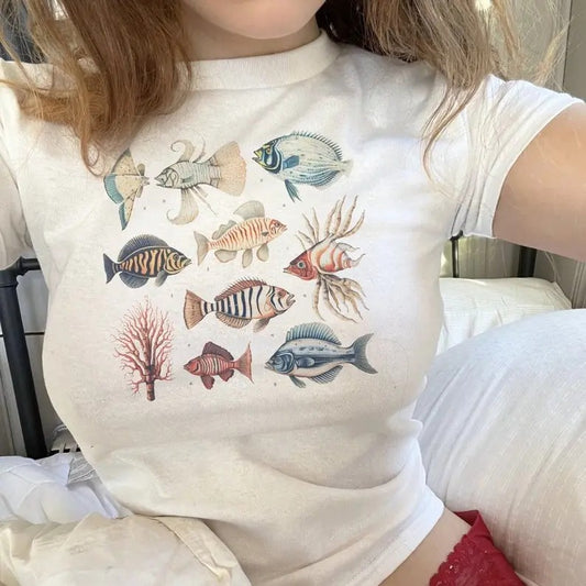Seashell Baby Tee Y2k Marine Shirt Sea Creatures Graphic Baby Tee Vintage Graphic Tee For Women Seashell Shirt Vintage Baby Tee Seashell Tee