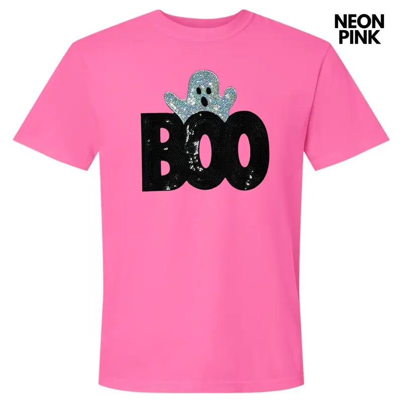Sequin Boo Ghost Patch Comfort Colors T-Shirt Hoodie, Sweatshirt | DripVista.com