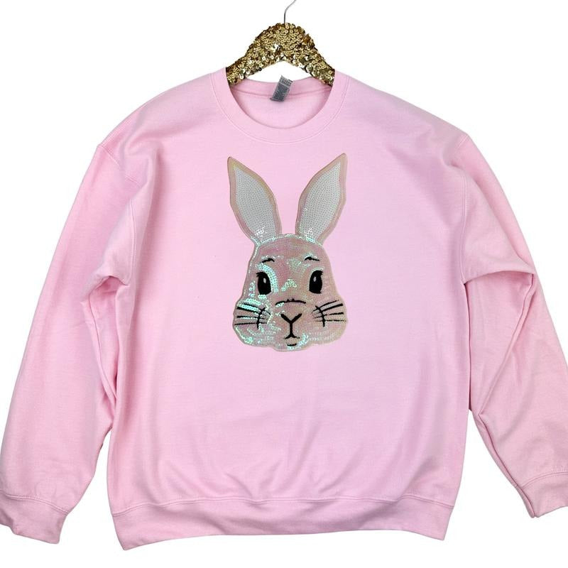Sequin Bunny Face Gildan Sweatshirt -- LIGHT PINK T-Shirts, Hoodie | DripVista.com