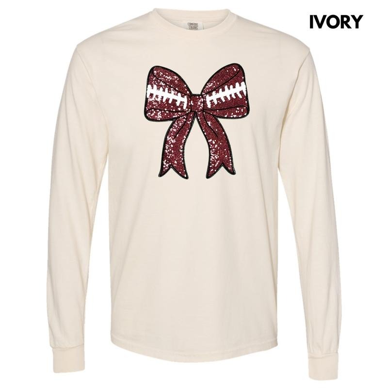 Sequin Football Bow Patch Long Sleeve Comfort Colors T-Shirt Hoodie, Sweatshirt | DripVista.com