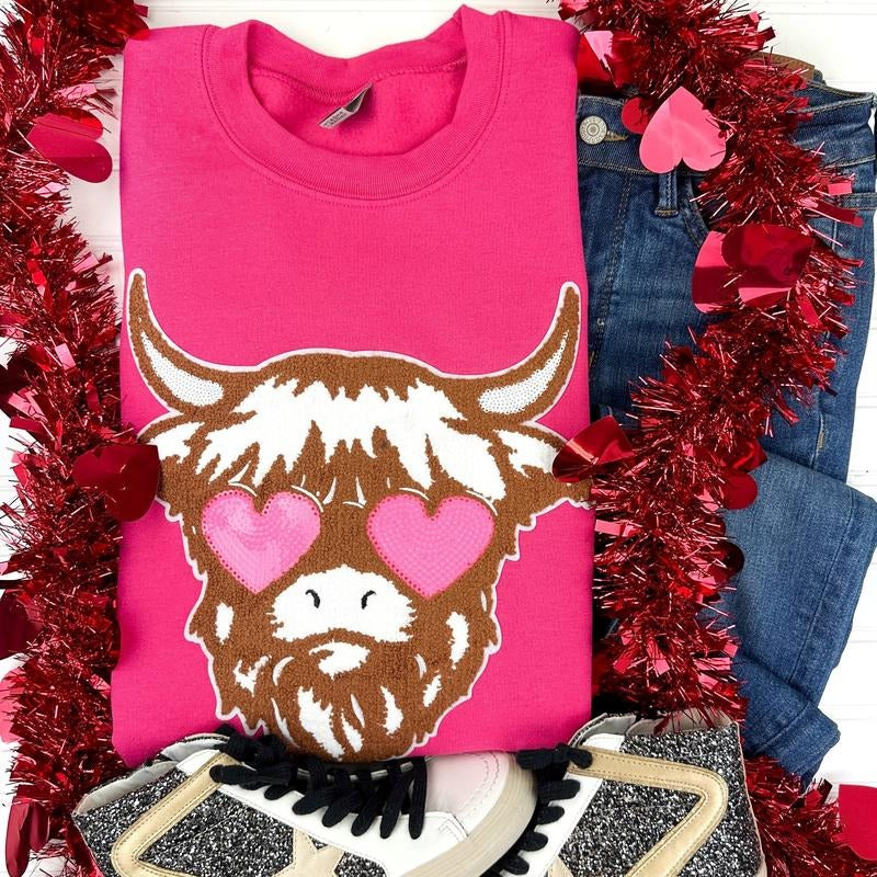 Shaggy Heifer Chenille Patch Sweatshirt -- HOT PINK