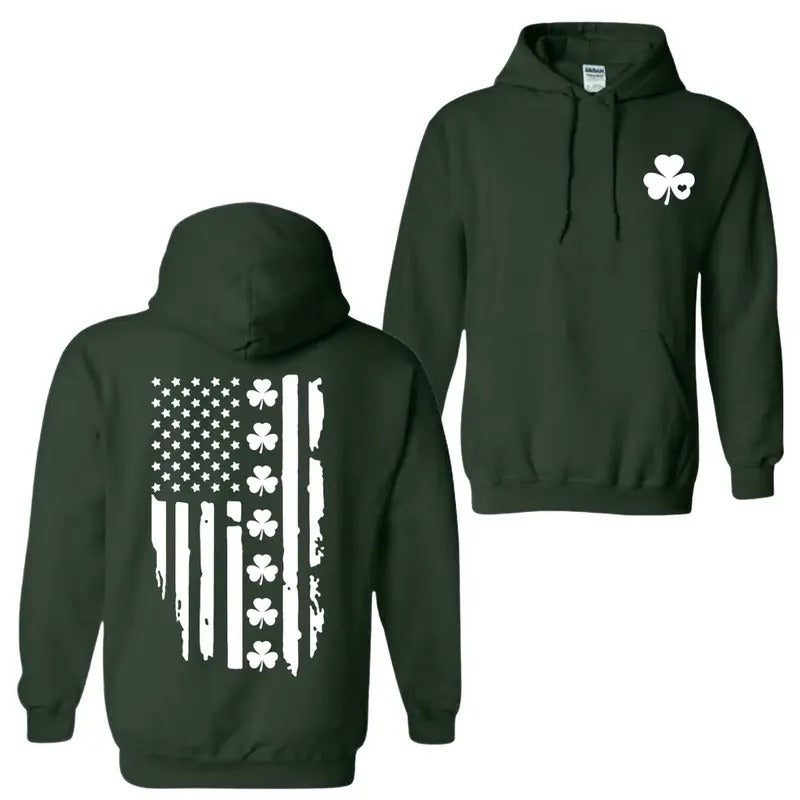 Shamrock American Flag Hoodie, Irish American Flag Hoodie, St. Patrick's Day Gift, Green Hoodies for Men and Women with...