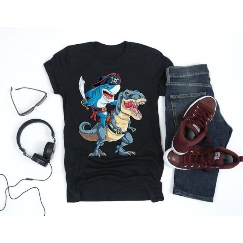 Shark Pirate Riding Dinosaur T rex Shirt / Shark Shirt / Shark Gifts / Sharks / Shark Tshirt / Shark Lover Made In USA