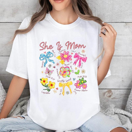 She Is Mom Coquette Bow Christian Mom Mother's Day Tee Pure Cotton Casual Street Style Crew Neck Short Sleeve T-Shirt Tops Trendy For Women For Men, Perfect Gift