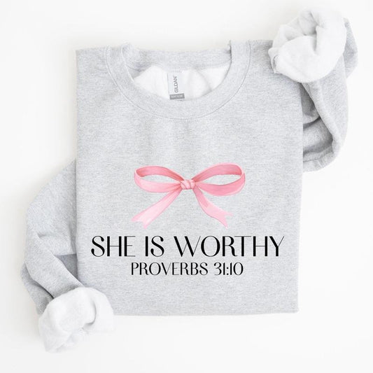She Is Worthy Sweatshirt, Bible Verse Sweatshirt, Bow Pink Sweatshirt, Proverbs Sweatshirt, Trendy Sweatshirt