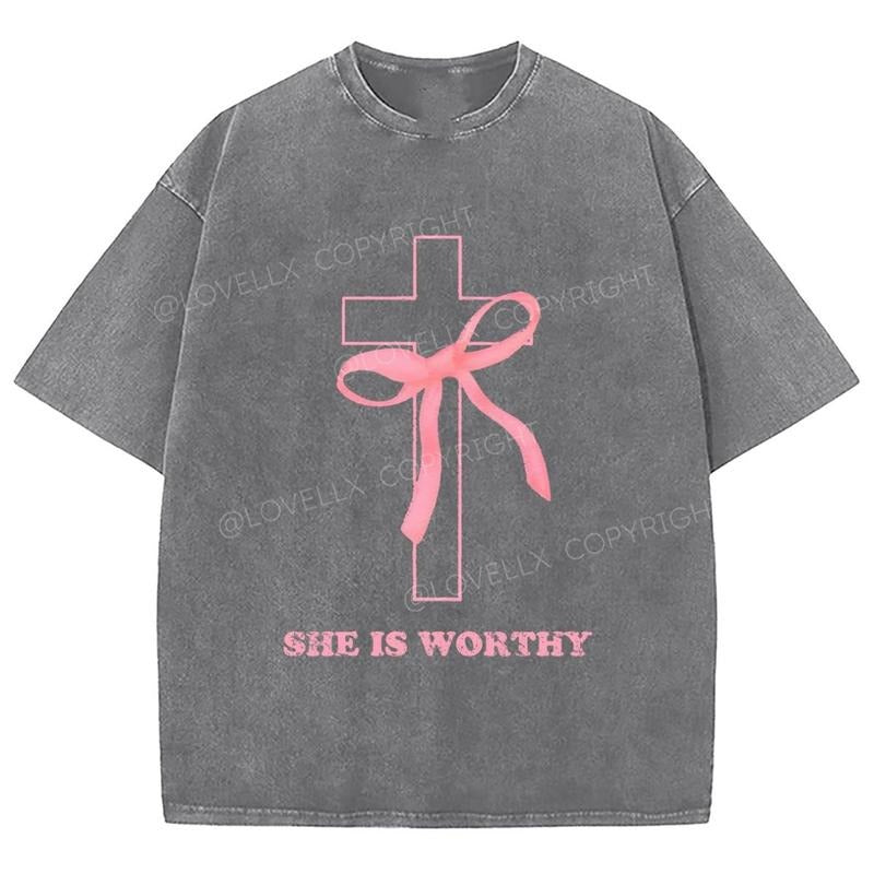 She Is Worthy Washed T-Shirt, Christian Tshirts, Christian Jesus shirts, Vintage 90s Graphic Tee Gift Cotton Top, Mineral...