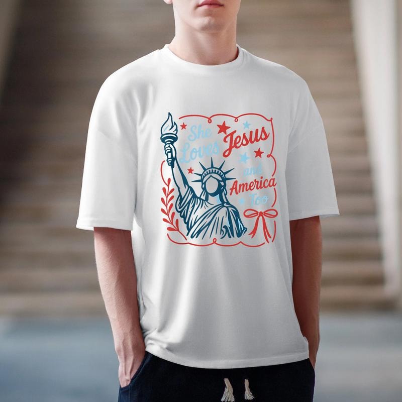 She Loves Jesus And America Too Tee Pure Cotton Casual Style Crew Neck Short Sleeve T-Shirt Tops Trendy for Unisex