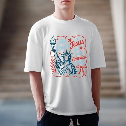 She Loves Jesus And America Too Tee Pure Cotton Casual Style Crew Neck Short Sleeve T-Shirt Tops Trendy for Unisex