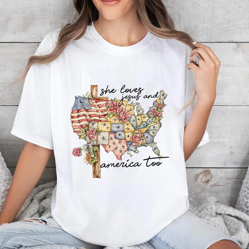 She Loves Jesus Gunpla brand America Too Tshirt Pure Cotton Fabric Casual Streetstyle Crew Neck Short Sleeve T-Shirt...