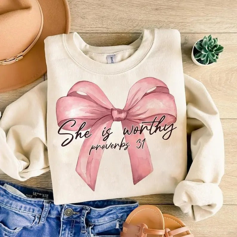 She is Worthy Bow Sweatshirt, Hoodie, T-Shirt, Women Christian Shirt, Cute Christian Coquette Shirt, Girly Faith Shirt,...