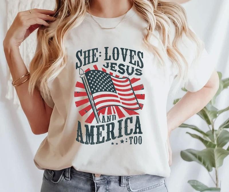 She loves Jesus and America Too Shirt, Christian Shirt, 4th of July Shirt Hoodie, Sweatshirt | DripVista.com