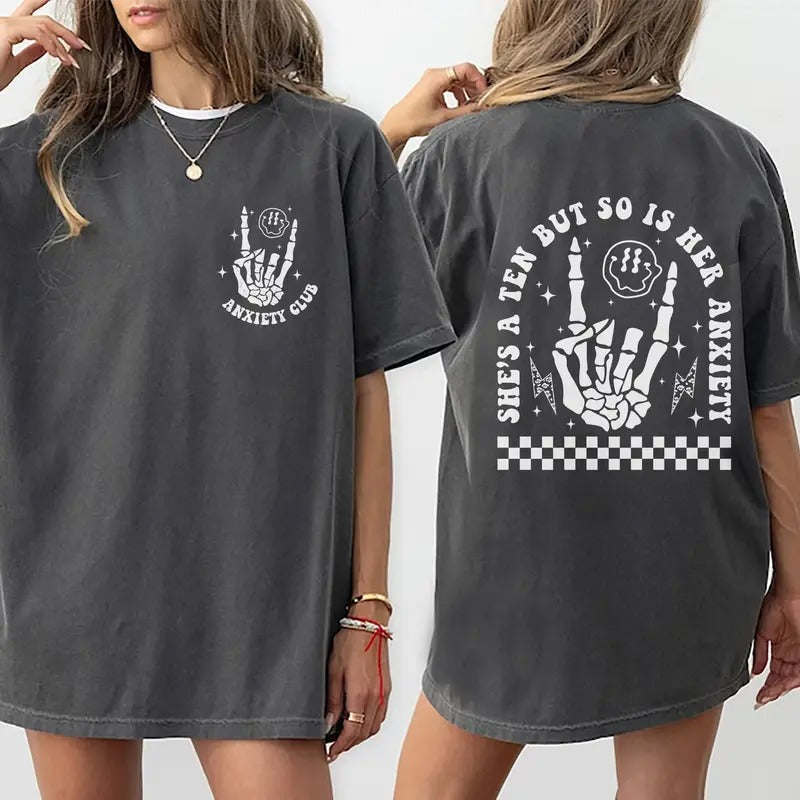 She's A Ten Shirt, Anxiety Club T-shirt, Gifts For Women, Funny Skullie Tee, Trendy Tops For Women, Lady's Casual Style Solf Fabric Comfort Fit, Womenswear Daily Basic Outfits