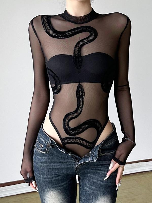 Sheer Velvet Snake Print Mesh Bodysuit, Sexy Slim-Fitting Straw hat pirates for Summer, Elegant Gunpla brand Bold Fashion...