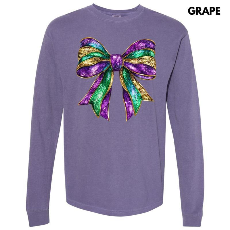 Shimmer Mardi Gras Bow Long Sleeve Comfort Colors T-Shirt Hoodie, Sweatshirt | DripVista.com