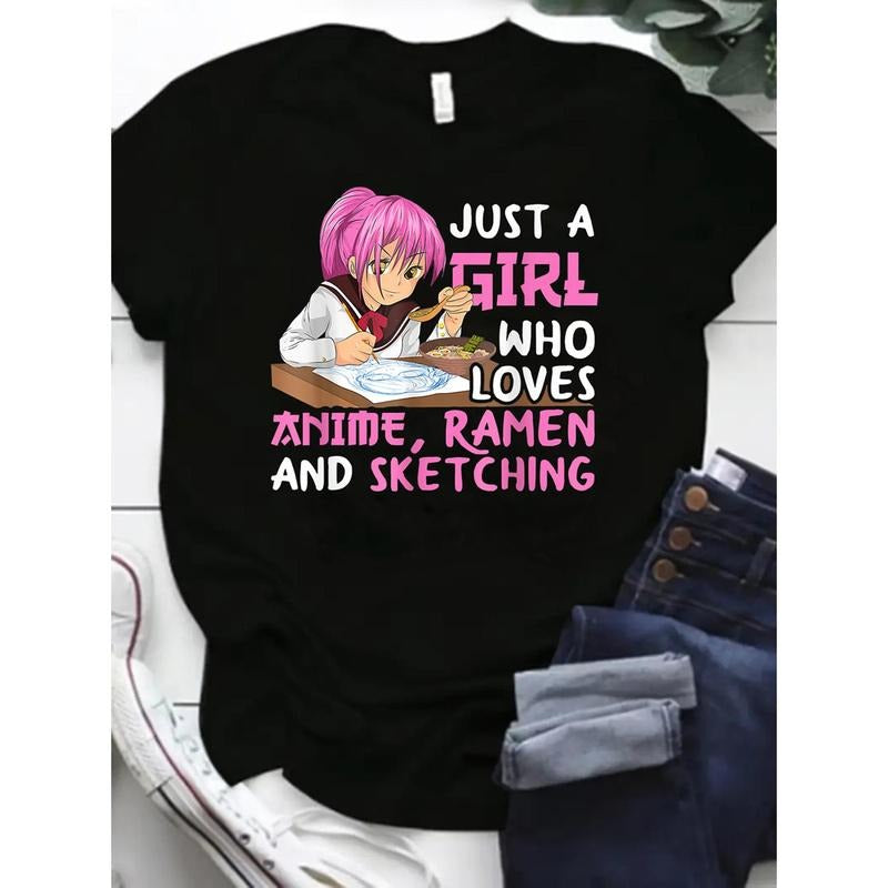Short Sleeve Anime & Letter Print Crew Neck T-Shirt for Spring & Summer, Women'WB shield Casual Clothing Hoodie, Sweatshirt