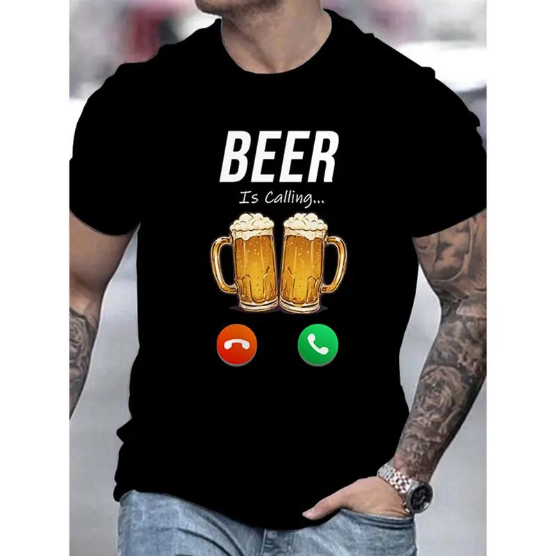 Short Sleeve Breathable Polyester Men'WB shield Funny Beer Pattern T-Shirt