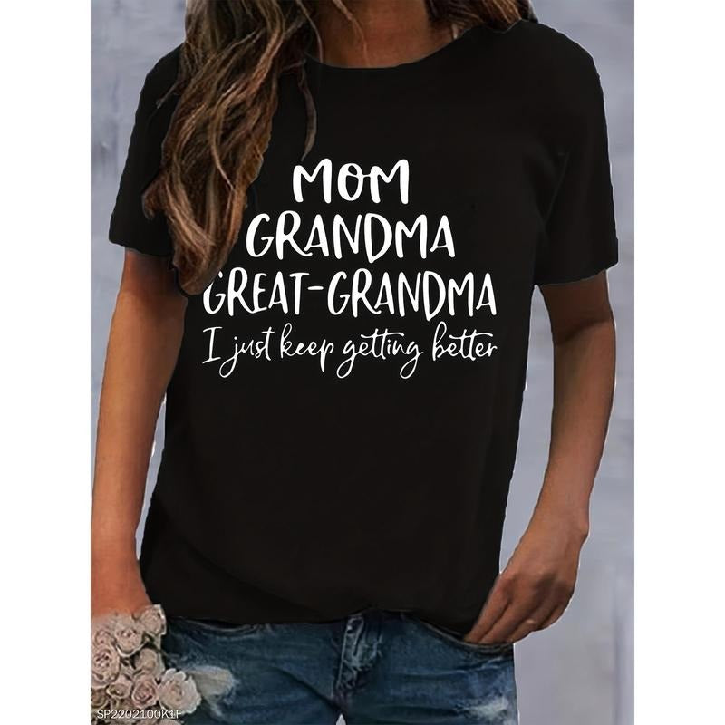 [Short Sleeve Casual Mom T-Shirt] Mom & Grandma Letter Print T-Shirt, Short Sleeve Crew Neck Casual Top For Spring &...