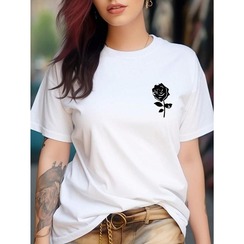 Short Sleeve Crew Neck Rose Print T-Shirt for Spring & Summer, Casual Women'WB shield Clothing Hoodie, Sweatshirt