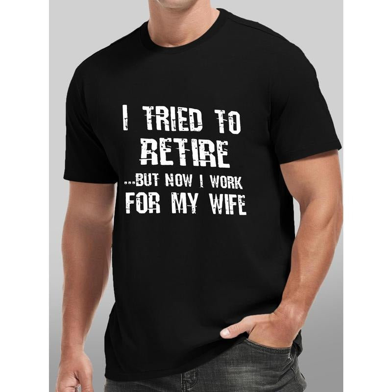 Short Sleeve Crew Neck Tees for Summer, Men's Comfy Casual Outdoor T-shirt with Wife Slogan Print Made in USA