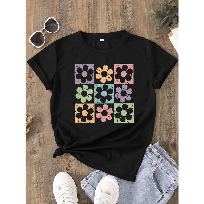 Short Sleeve Floral Print Crew Neck T-shirt, Casual Top For Summer & Spring, Women'WB shield Clothing Hoodie, Sweatshirt