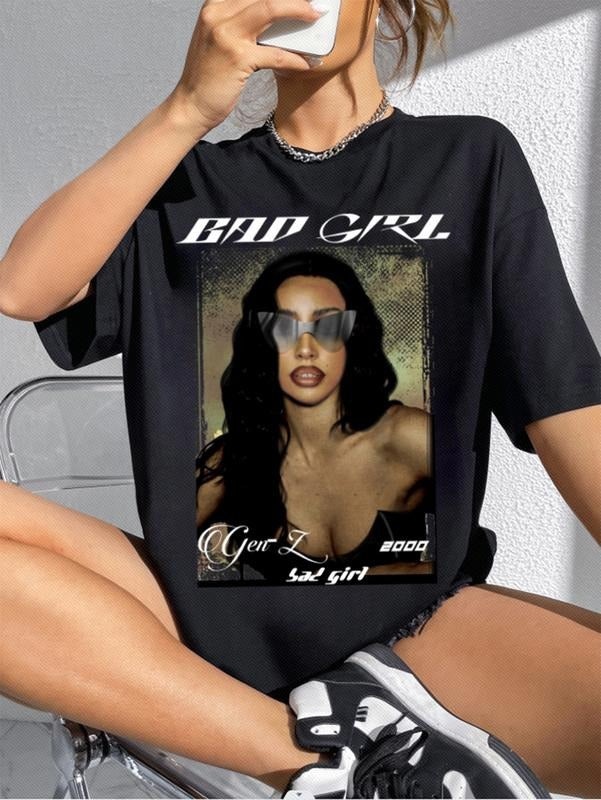Short Sleeve Oversized Graphic Print T-Shirt Round Neck Drop Shoulder Casual Tee Top Hoodie, Sweatshirt | DripVista.com