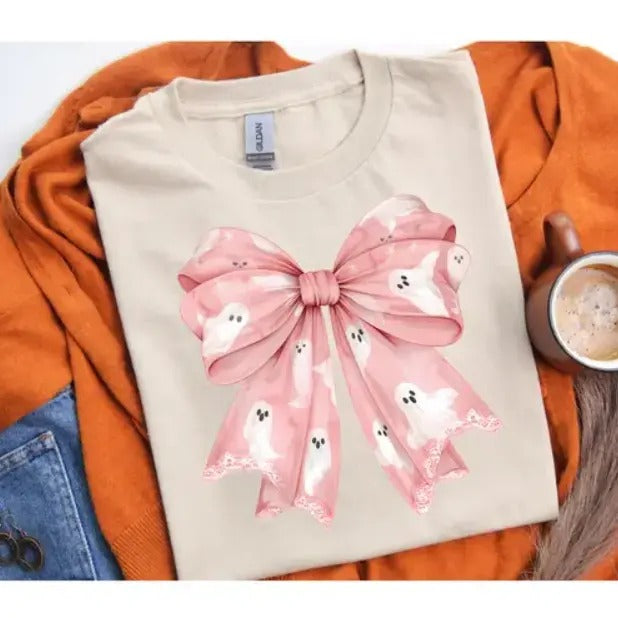 Short Sleeve T-Shirt Halloween Ghosts Bow Hoodie, Sweatshirt | DripVista.com