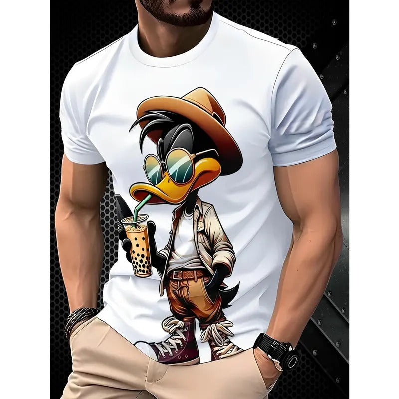Short Sleeve, Breathable Polyester Blend Men'WB shield Black T-Shirt with Cool Duck Print