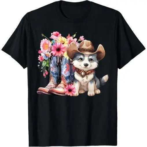Siberian Husky Dog Cowgirl boots Cowboy hat Sunflower Summer T-Shirt Made in USA