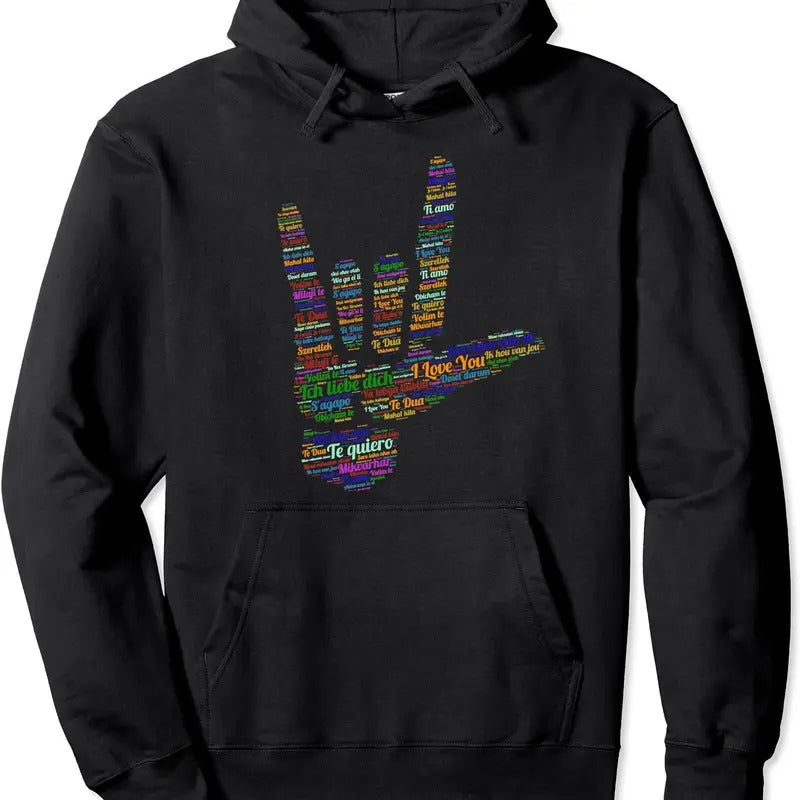 Sign I Love You in Different 40 Languages, ASL Pullover Hoodie | Unisex Hooded Sweatshirt T-Shirts | DripVista.com