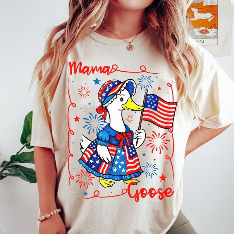 Silly Mama 4th of July Goose Shirt, Silly Goose America Coquette Bows Tee, Fourth Of July Patriotic Goose Mom Gift, Memorial Day Girly Shirt