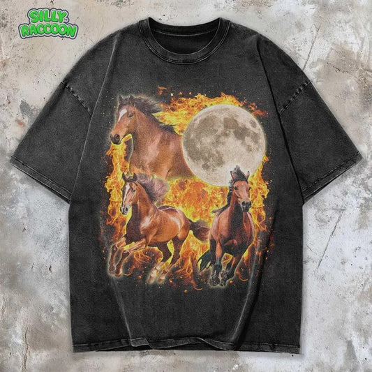 Silly Raccoon Wild Horse Vintage T-Shirt Moonlit Grunge Tee for Western Horse Lovers Cotton Crewneck Unisex Top Apparel