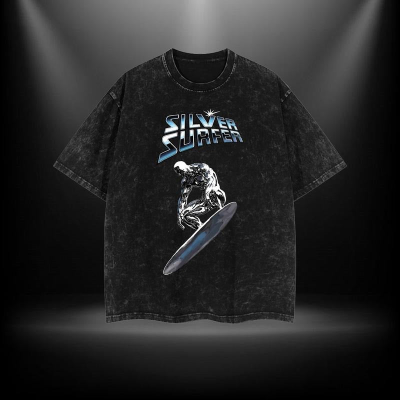 Silver Surfer Fantastic WB shield MCU Bat brand Double Printed Oversize Lightweight Acid Washed Tee TV Series Graphic Top...