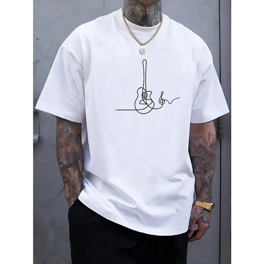 Simple Guitar Graphic Print Men's T-Shirt, Crew Neck Short Sleeve Tees For Summer, Casual Comfortable Lightweight Top For Outdoor Activities Made in USA