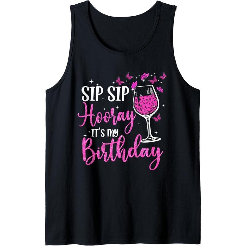 Sip Sip Hooray It's My Birthday Pink Leopard Wine Glass Tank Top Made in USA T-Shirts, Hoodie, Sweatshirt | DripVista.com