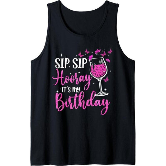 Sip Sip Hooray It's My Birthday Pink Leopard Wine Glass Tank Top Made in USA