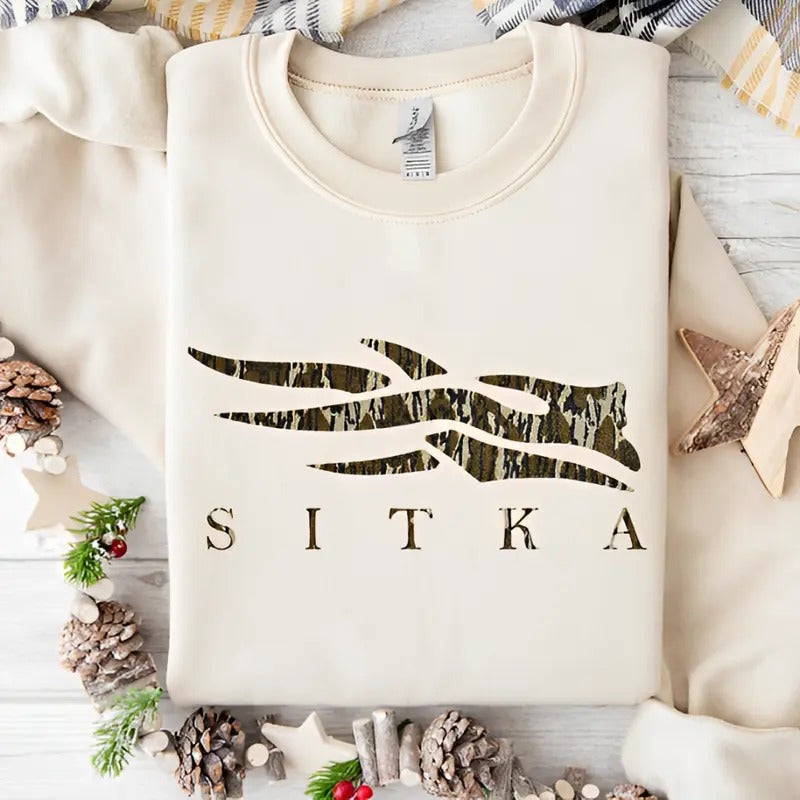 Sitka Camoflauge Bottomland Pattern Logo Unisex Hoodie - Sweater - T-shirt Classic Menswear Sweatshirt | DripVista.com
