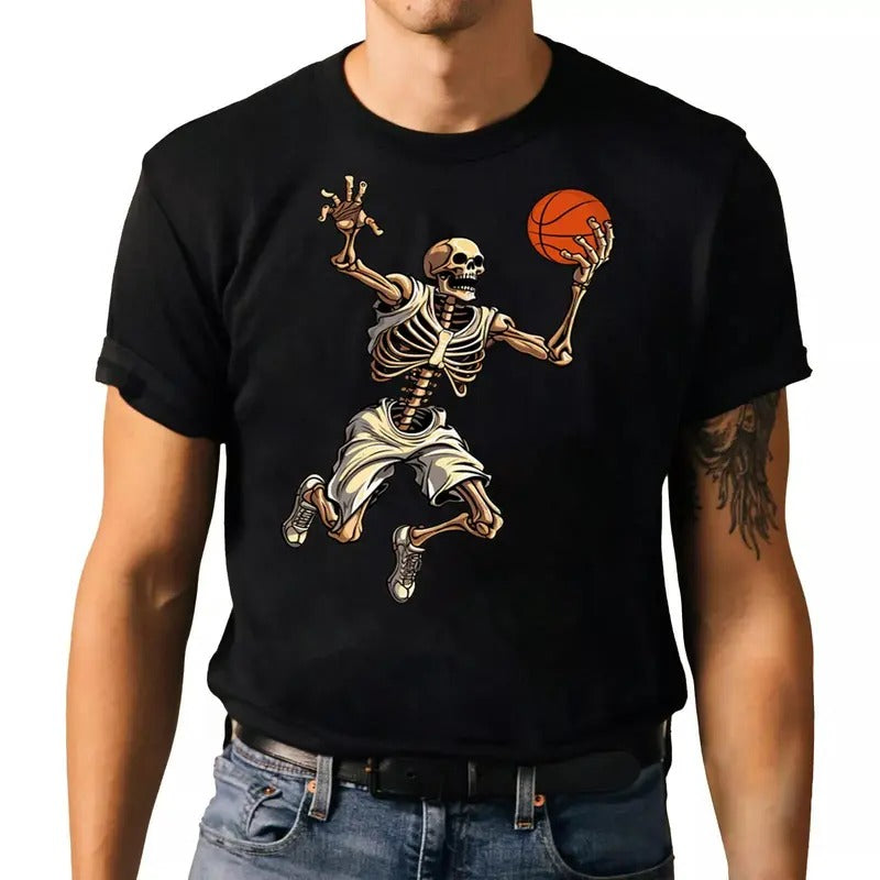 Skeleton Basketball T-shirt - Spooky Halloween Graphic Tee Hoodie, Sweatshirt | DripVista.com