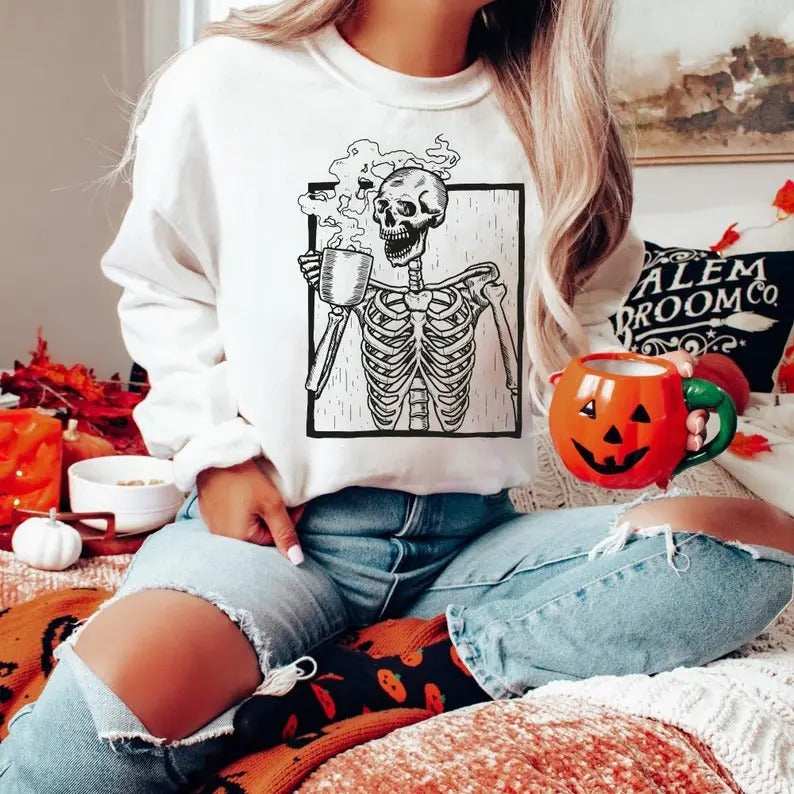 Skeleton Coffee Sweatshirt, Halloween Skeleton Sweatshirt, Fall Coffee Hoodie, Skeleton Hoodie Halloween Sweatshirt...