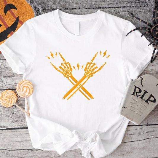 Skeleton Hand T-Shirt, Skeleton Rocker Shirt, Funny Unisex Halloween Party Tee, Rocker Gift Tee, Skeleton Peace Sign Tee, Spooky Season Gift For Woman.