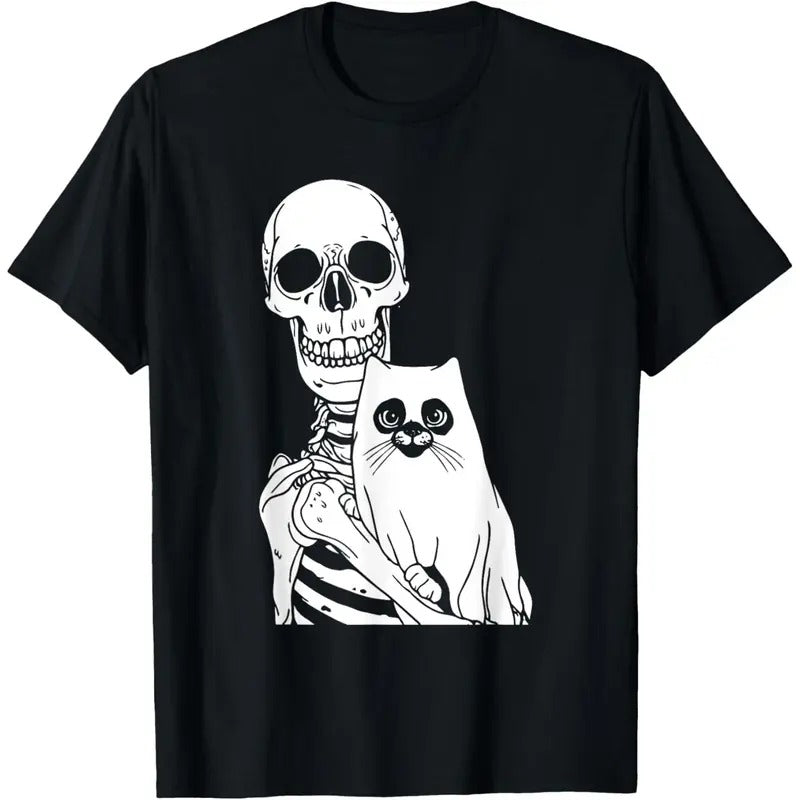 Skeleton Holding Cat Lazy Halloween Costume Skull Kitten T-Shirt made in usa Hoodie, Sweatshirt | DripVista.com
