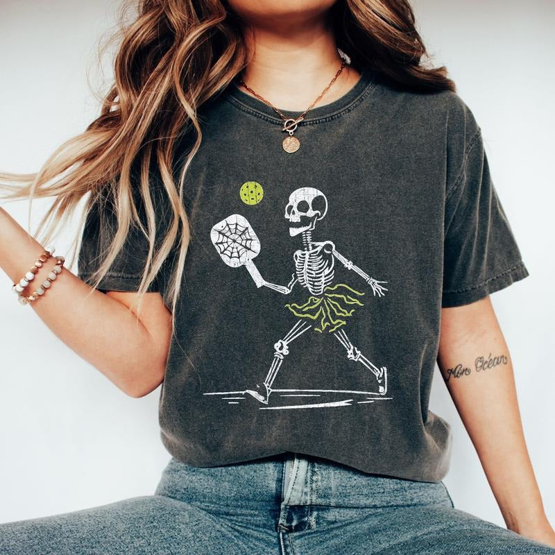 Skeleton Pickleball, Funny, Retro, Aesthetic, Vintage, Comfort Colors Tshirt, Women's Crew Neck, Crewneck Hoodie, Sweatshirt