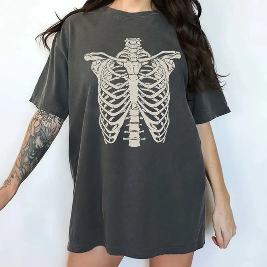 Skeleton Rib Graphic Shirt, Vintage 90s Rib Cage TShirt, Retro Skeleton Tee, Y2k Skull T-Shirt, Halloween Spooky Shirt, Halloween Party Outfits, Skeleton Rib Unisex Tee, Casual Women's Tops, Oversized Womenswear, Comfort Cotton Relaxed Fit Chic Style