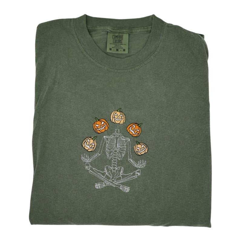 Skeleton Throwing Pumpkin Embroidered Long Sleeve T-Shirt Cotton Classic Top Hoodie, Sweatshirt | DripVista.com