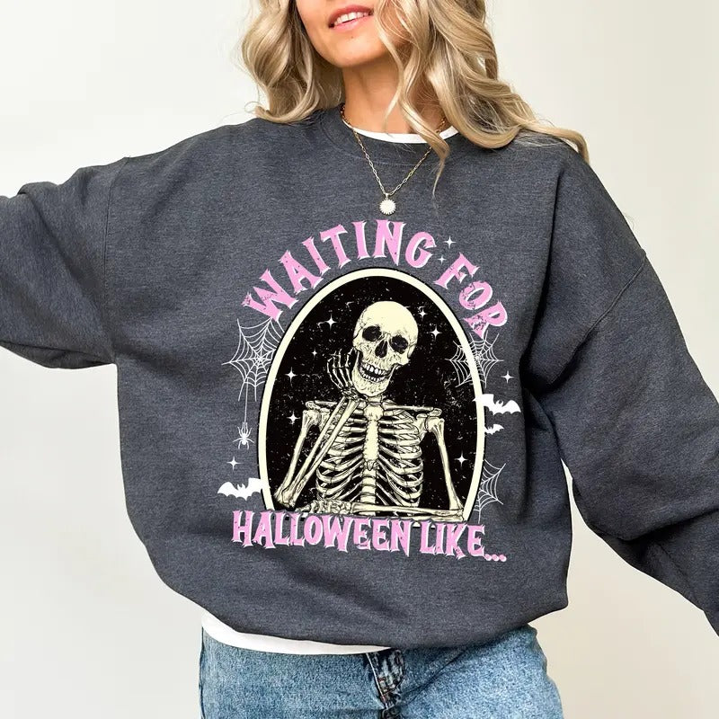 Skeleton Waiting For Halloween Sweatshirt, Halloween Skeleton Crewneck, Funny Skeleton Sweatshirt, Skeleton Sweater, Halloween Party Outfits, Spooky Season Crewneck, Comfy Long Sleeve Pullover, Women's Tops, Casual Womenswear, Comfort Fabric Cotton Top