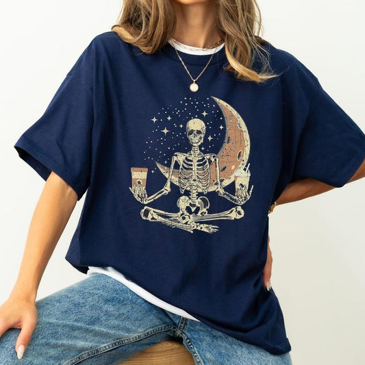 Skeleton Yoga, Coffee, Moon, Retro, Aesthetic, Vintage, Comfort Colors Tshirt, Women's Crew Neck, Crewneck