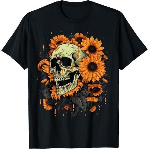 Skull Flowers on Rocker Sunflower Sugar Skull T-Shirt Made in USA Hoodie, Sweatshirt | DripVista.com